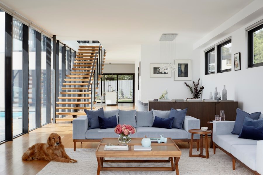 Renovated living space with staircase